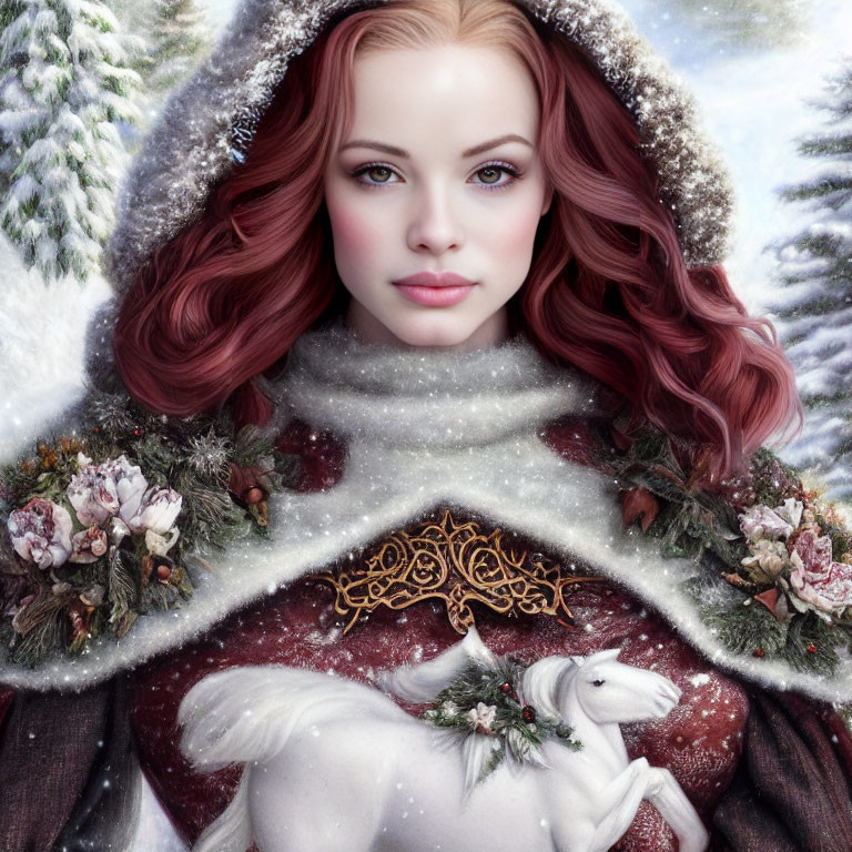 Digital artwork of woman with red hair in floral winter cloak with white horse in snowy scene