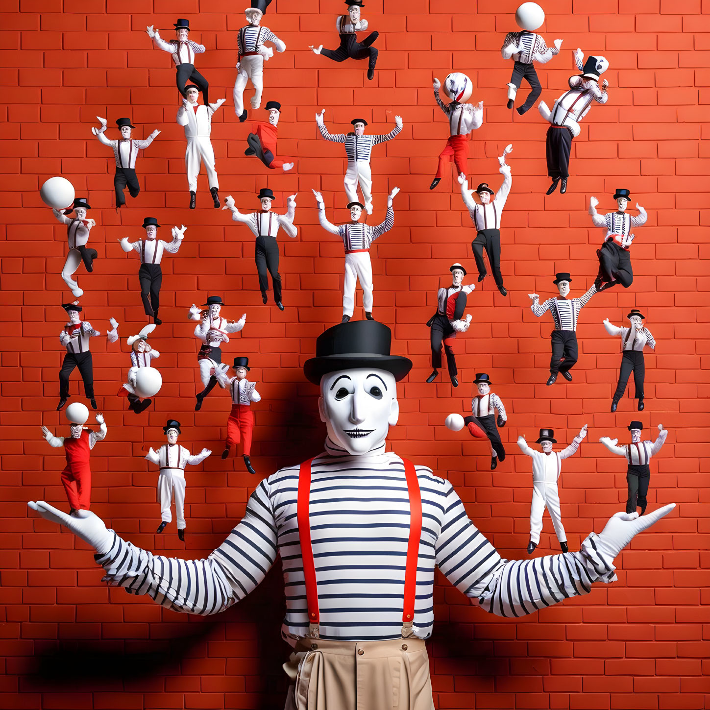 Mime in Black Hat and Striped Shirt with Floating People on Red Brick Wall