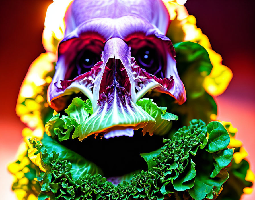 Close-up image: Pigeon's head in lettuce ring on red background