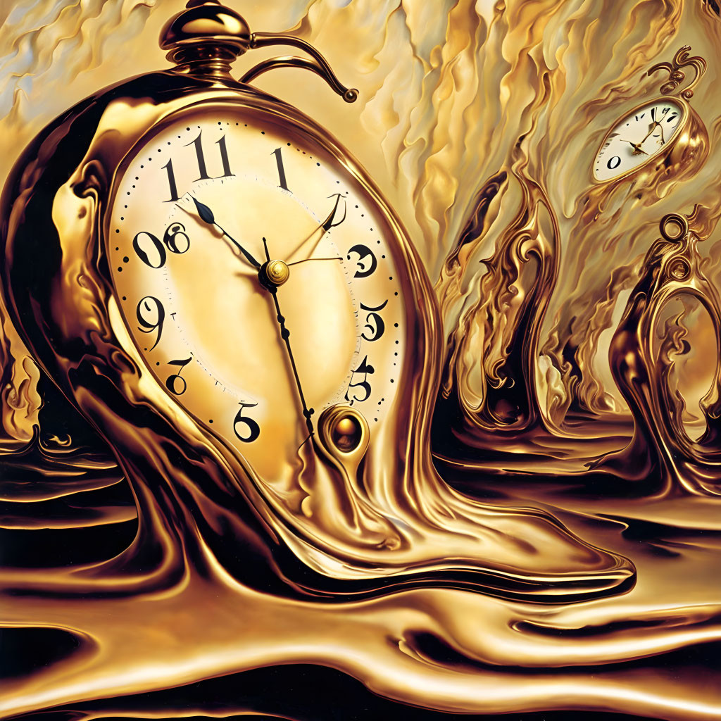 Surreal painting: Melting clocks in desert landscape