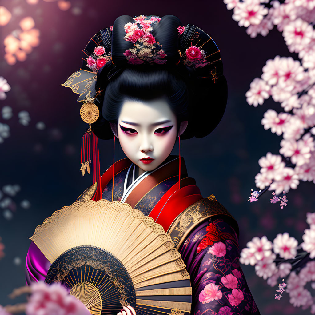 Geisha illustration with intricate hair accessories and fan in cherry blossom setting