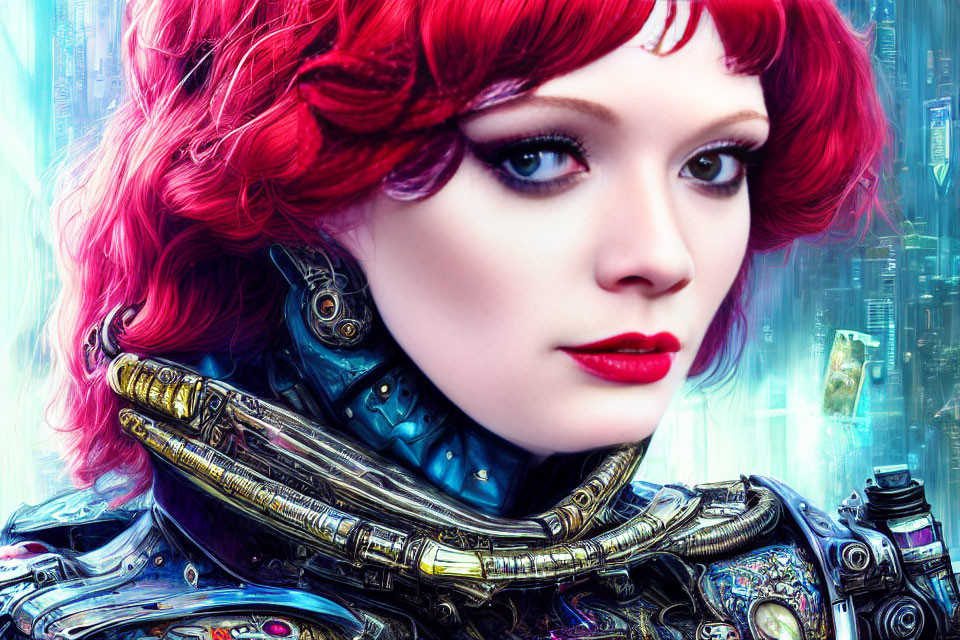 Vibrant futuristic artwork of woman with red hair and cybernetic neck enhancements