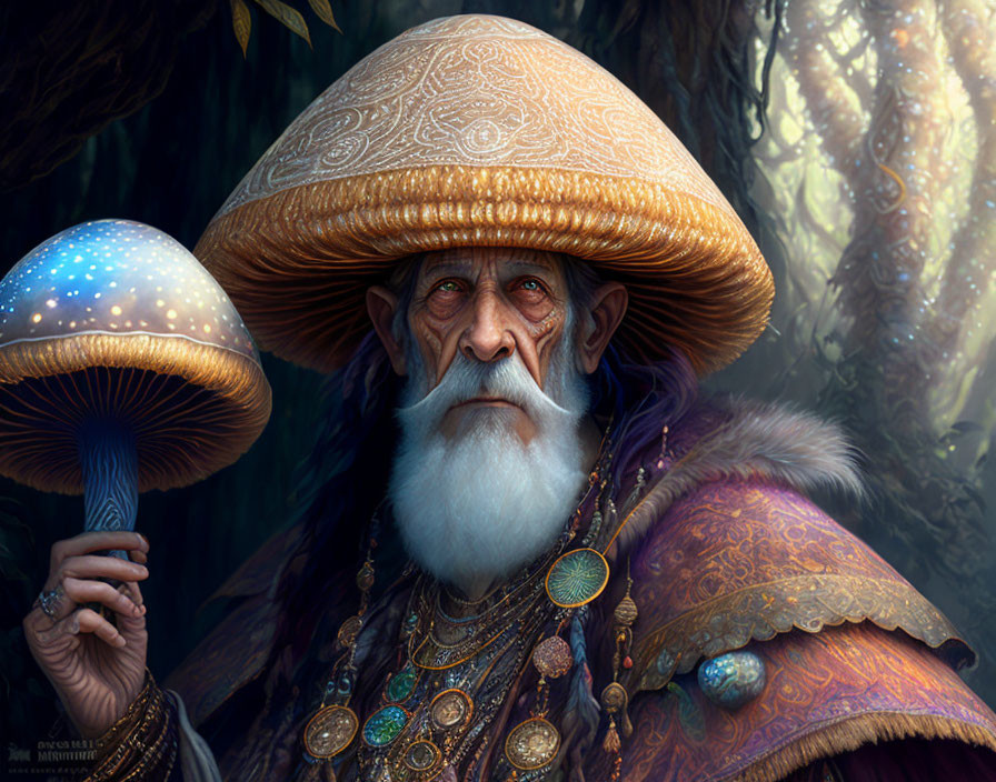 Elderly wizard with mushroom cap hat in enchanted forest