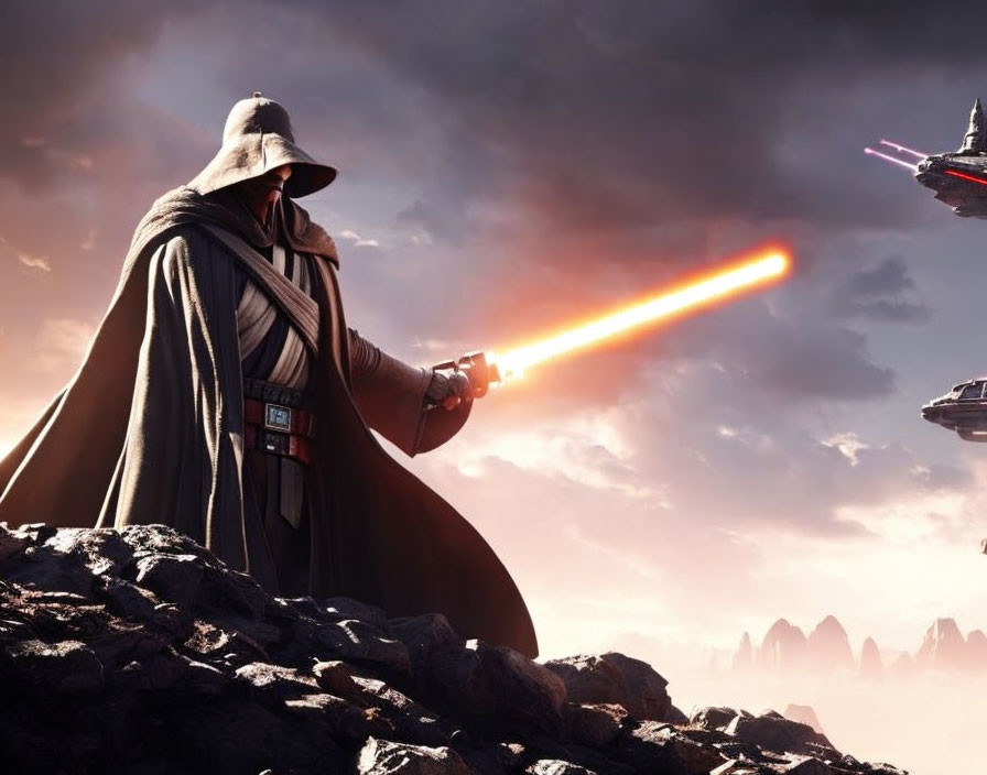 Cloaked figure with red lightsaber on rocky terrain with starships and dramatic sky