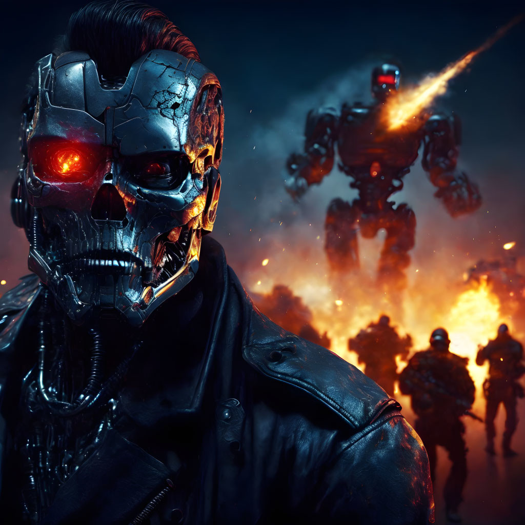 Cybernetic skull with red glowing eyes in leather jacket amidst chaotic battle scene