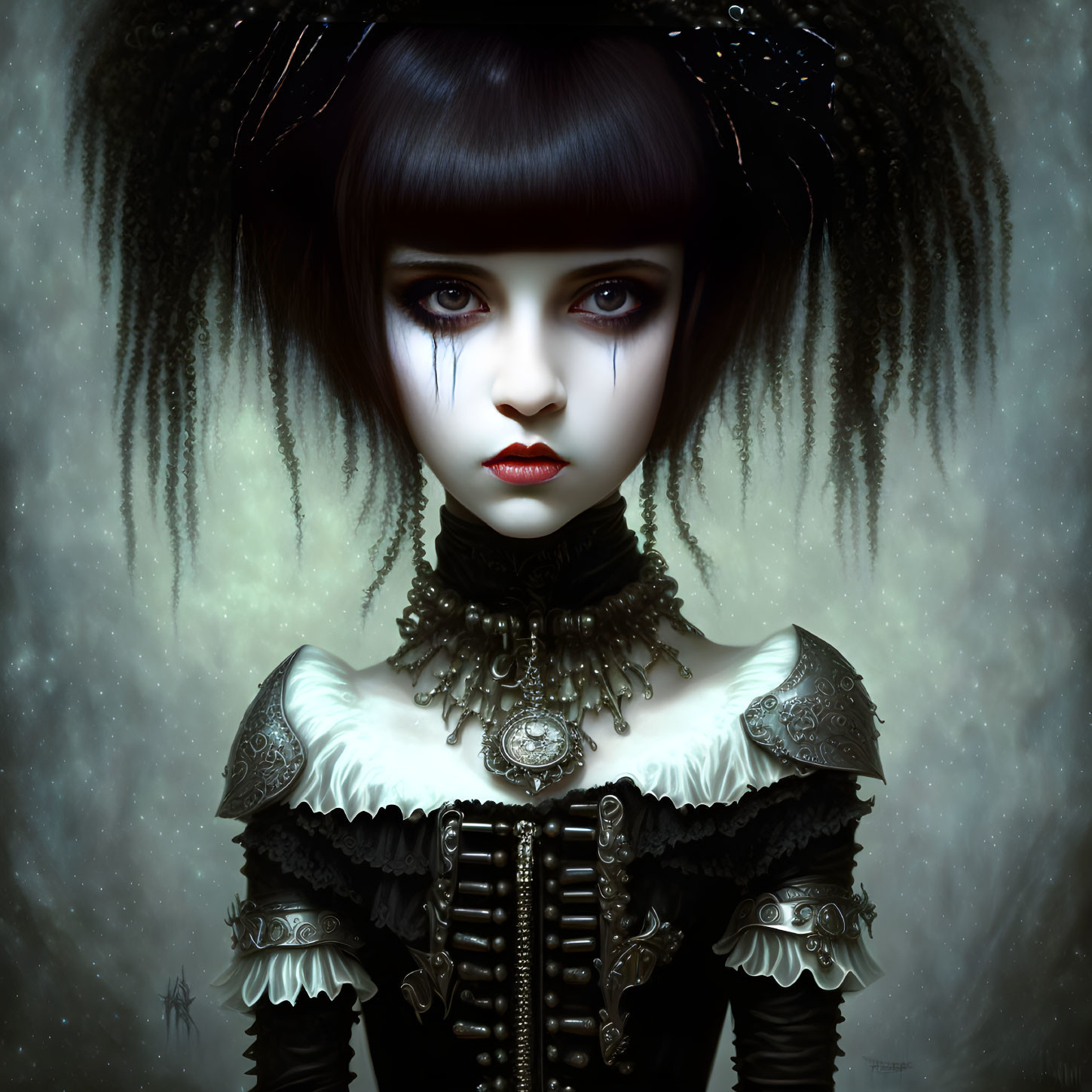 Gothic girl digital artwork with black hair and red eyes