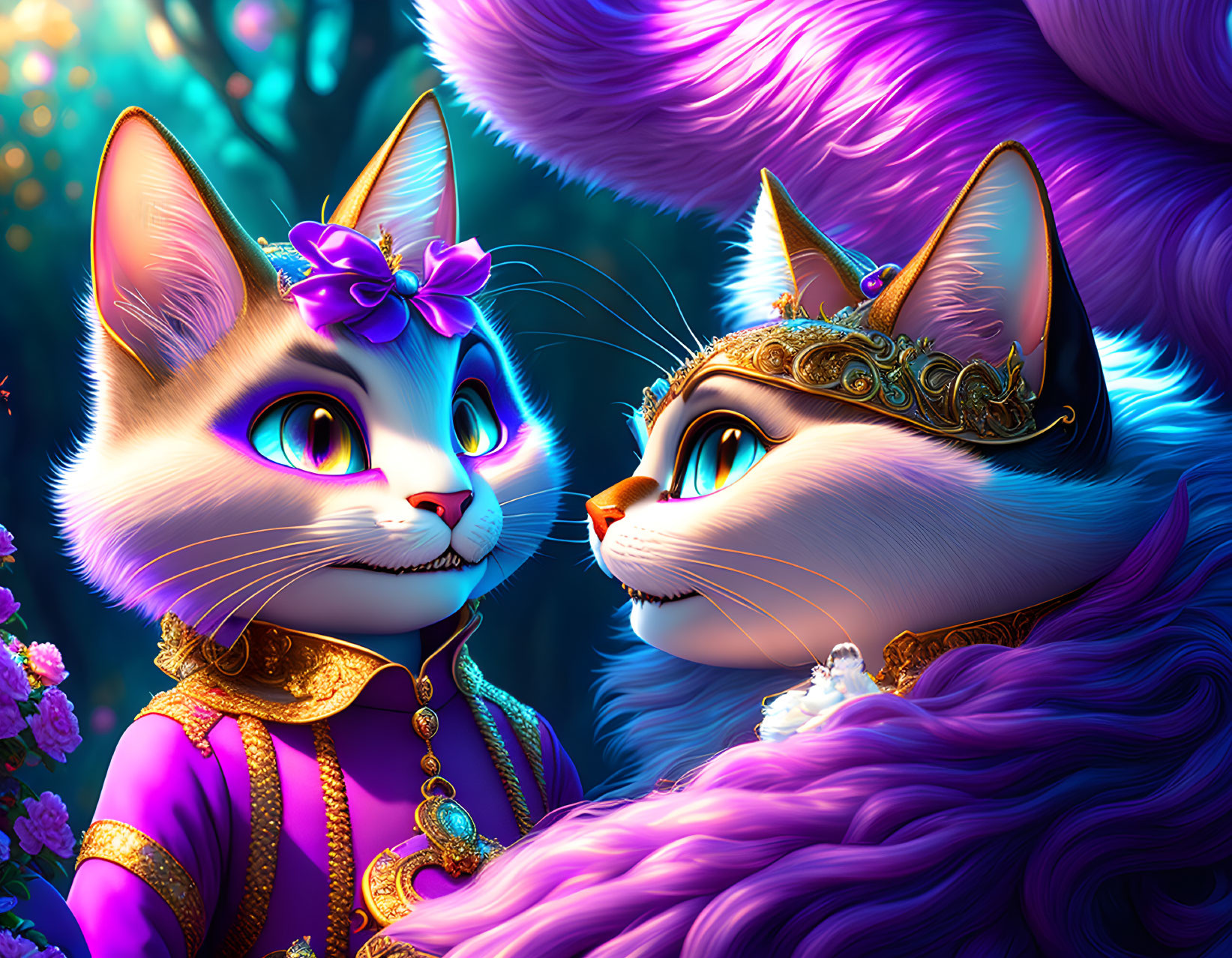 Regal anthropomorphic felines in vibrant floral setting