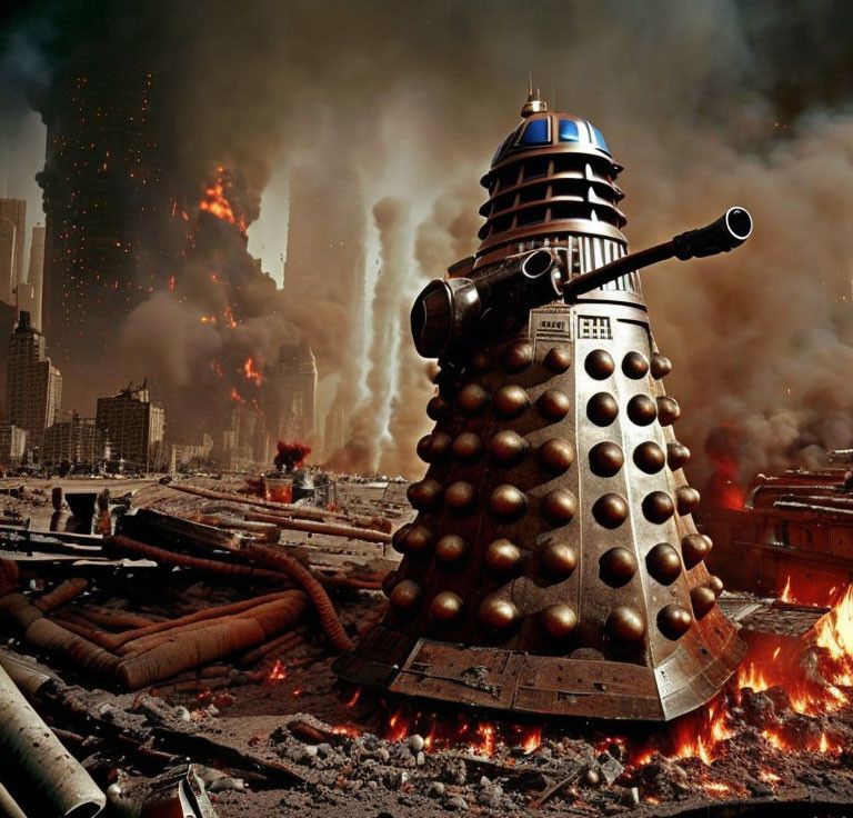 Chaotic scene with Dalek in destroyed cityscape