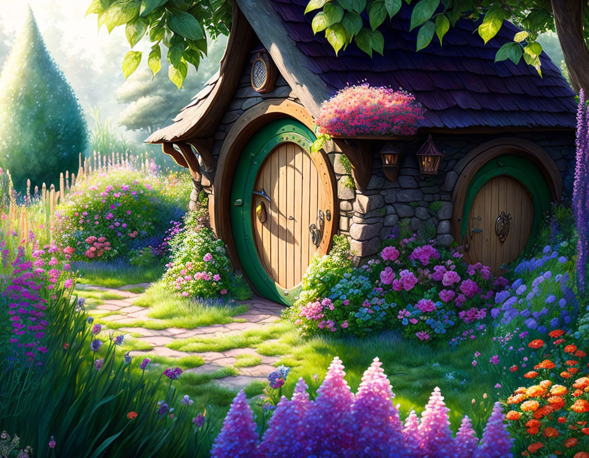 Quaint Cottage with Round Wooden Door in Lush Garden