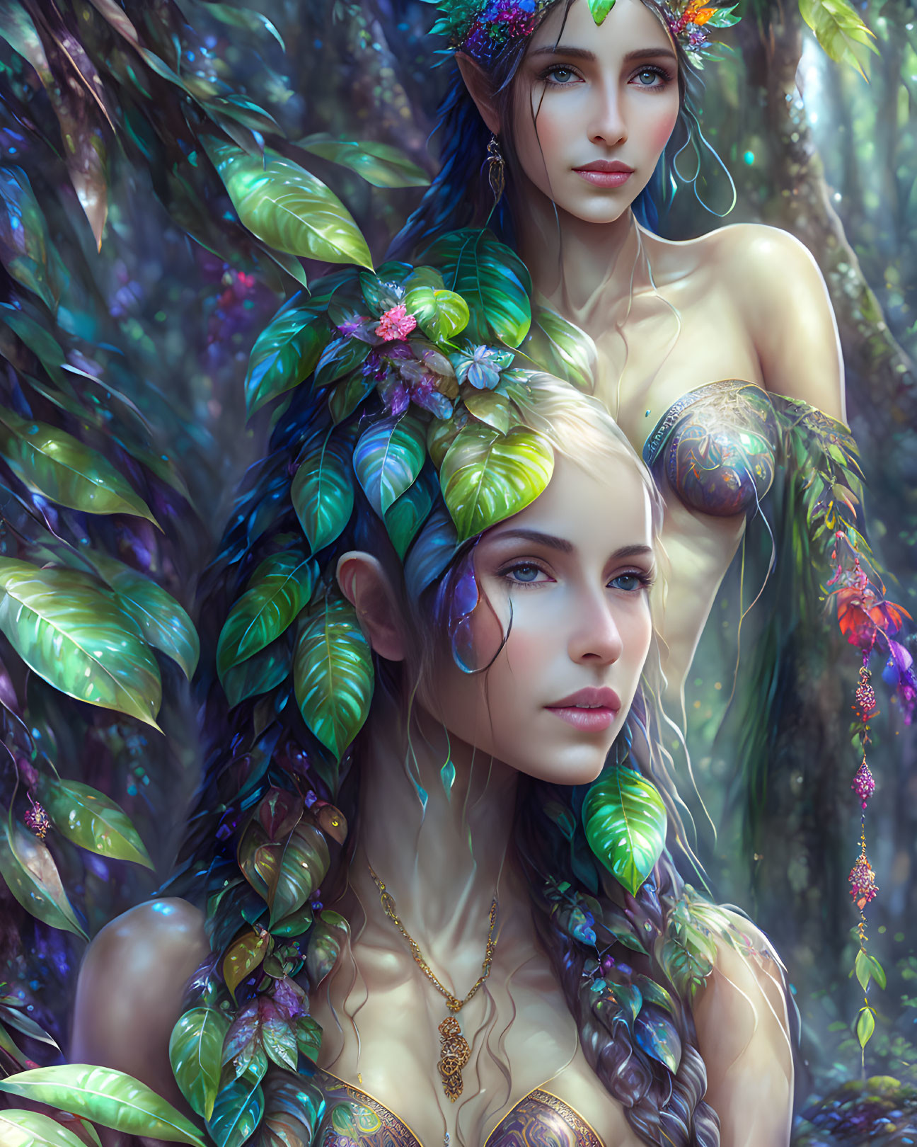 Ethereal women with leafy adornments in mystical forest setting