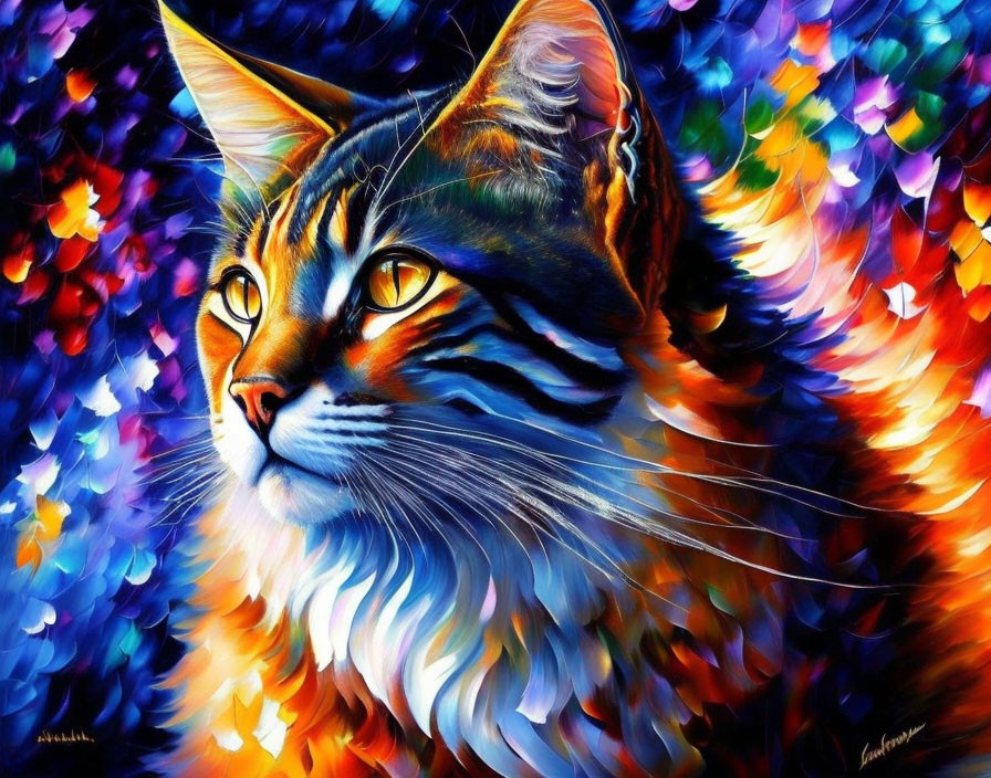 Colorful Cat Painting with Abstract Mosaic Background