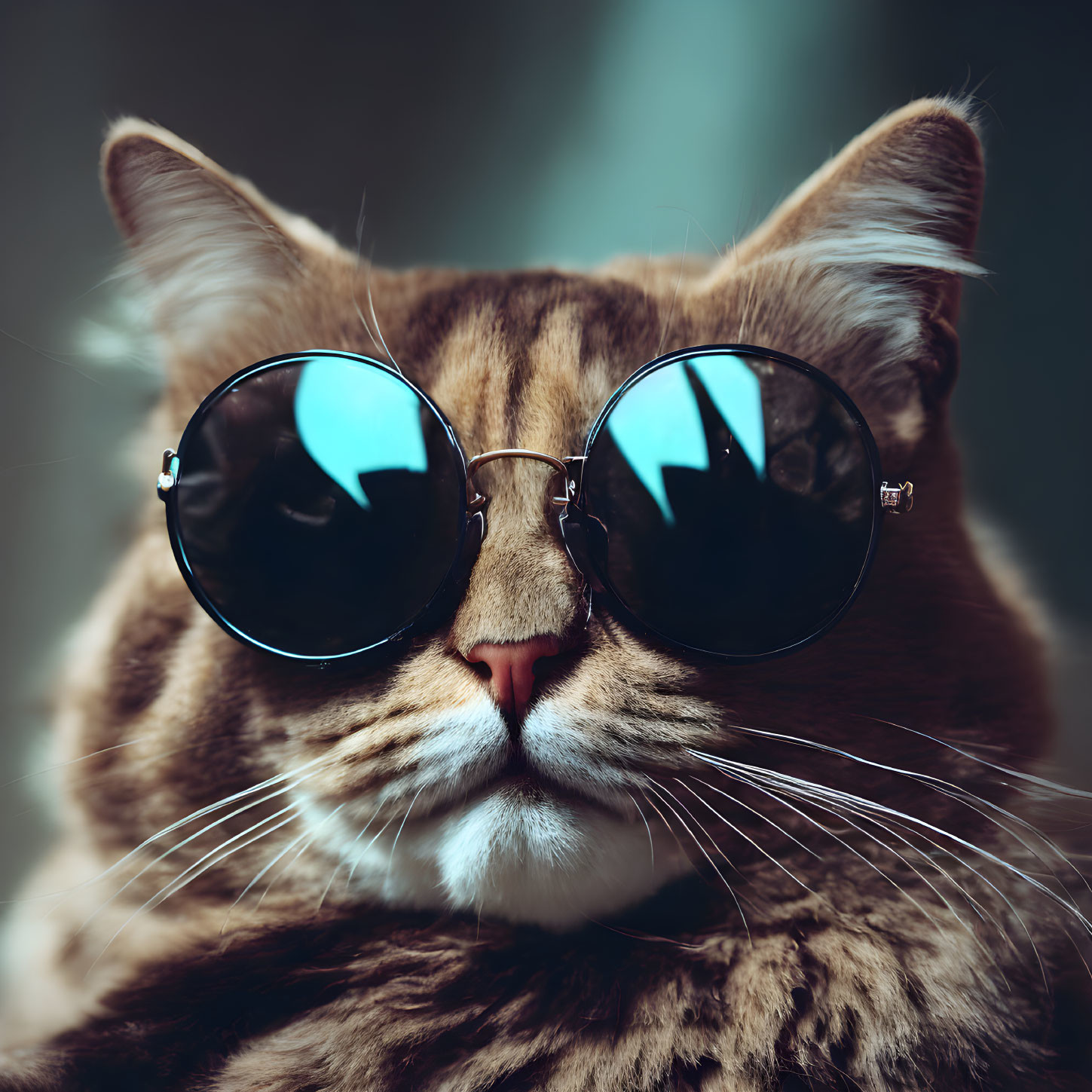 Striped fur cat in round, oversized sunglasses reflecting skyscrapers