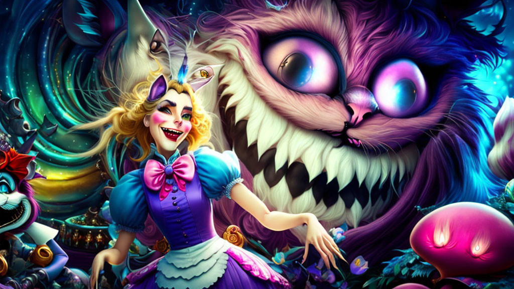 Colorful illustration of smiling woman and furry creature in a whimsical scene