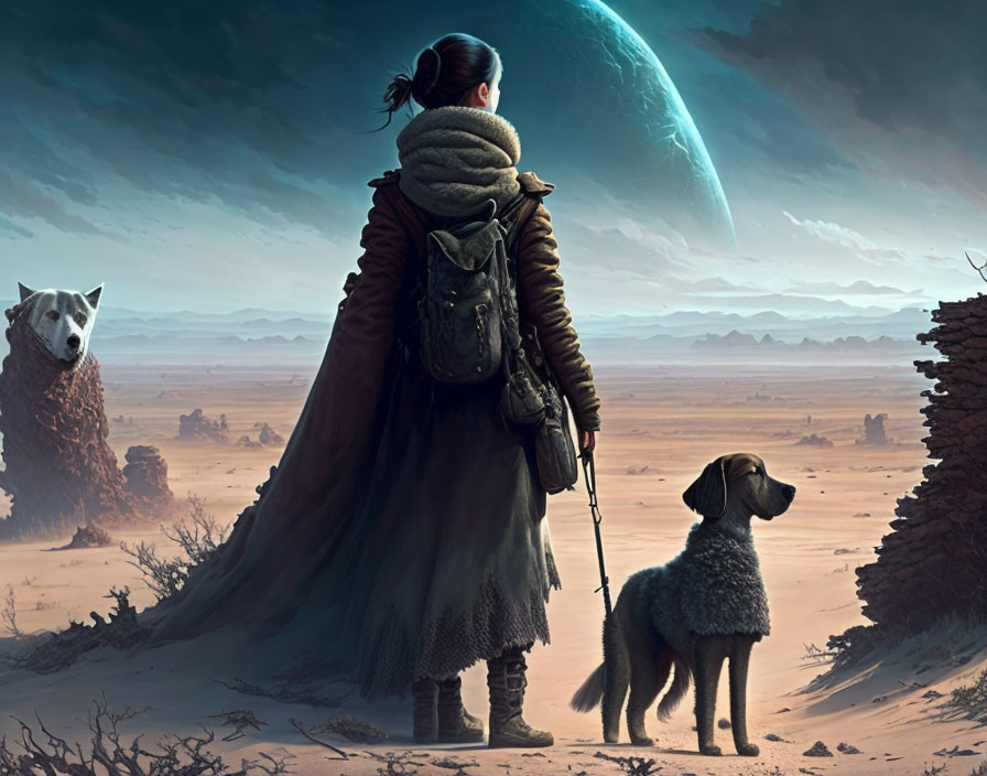 Person and two dogs view large planet in desolate twilight landscape