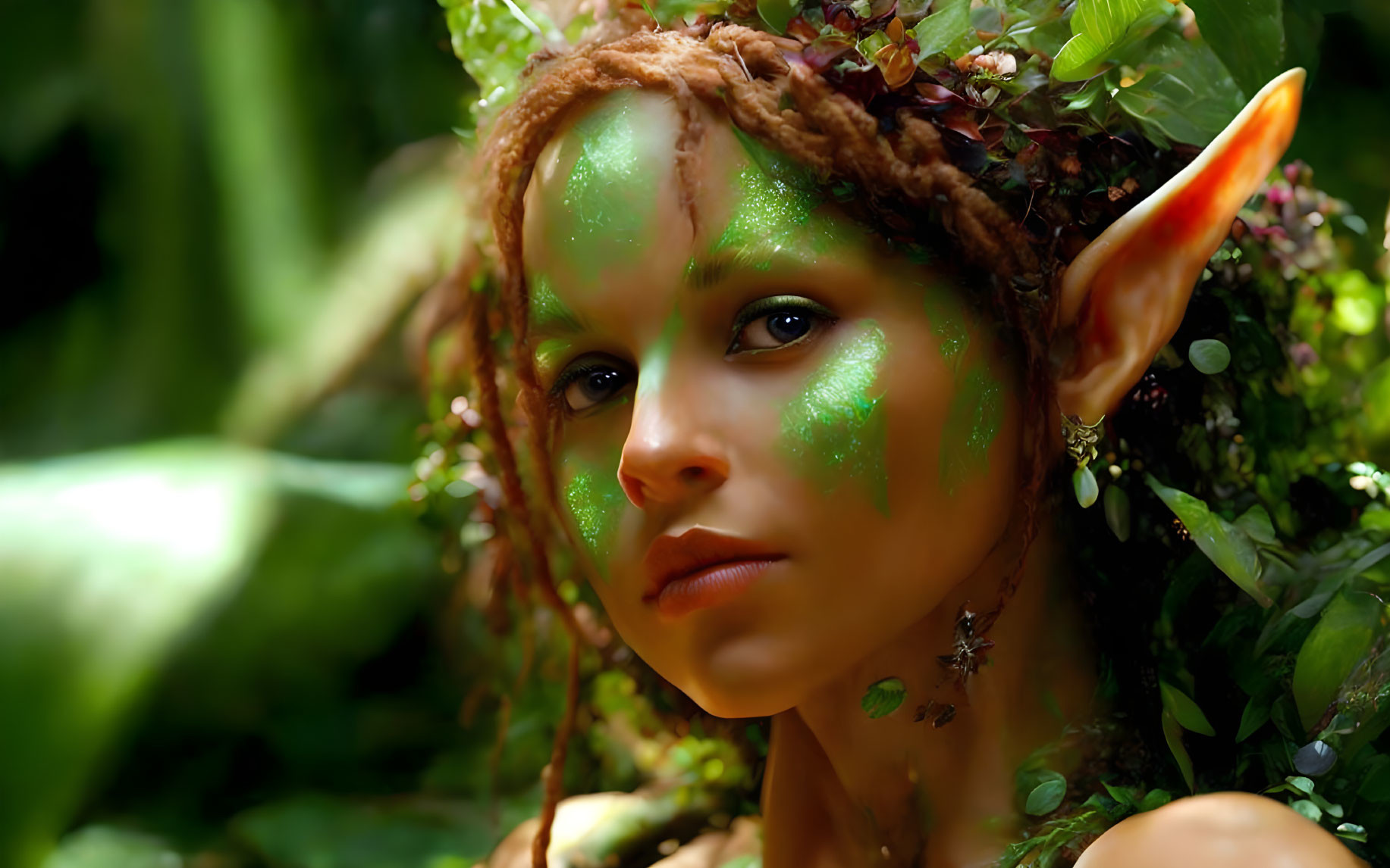 Pointed Ears and Green Face Paint with Leaves and Flowers