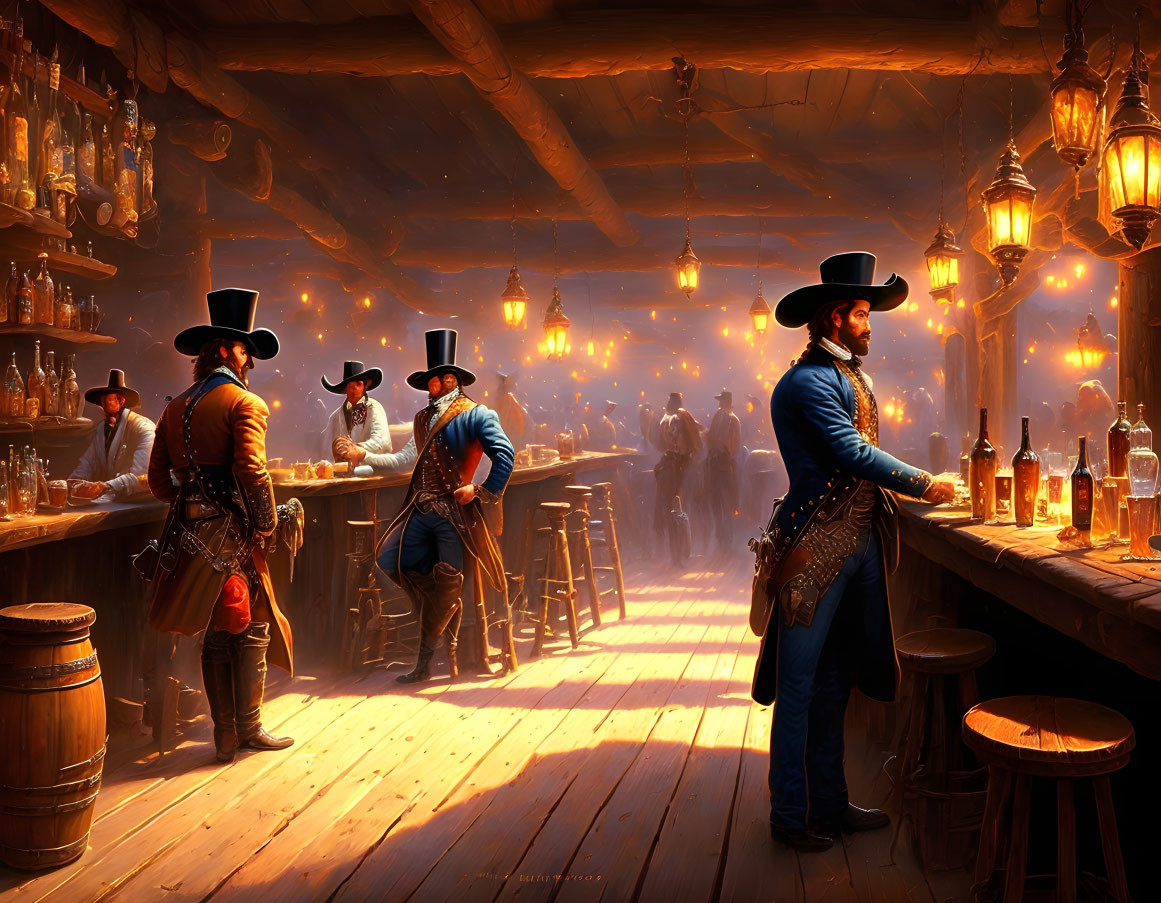 Old-West Saloon Scene with Cowboy Patrons, Wooden Interiors, Lanterns, and Bar Bott