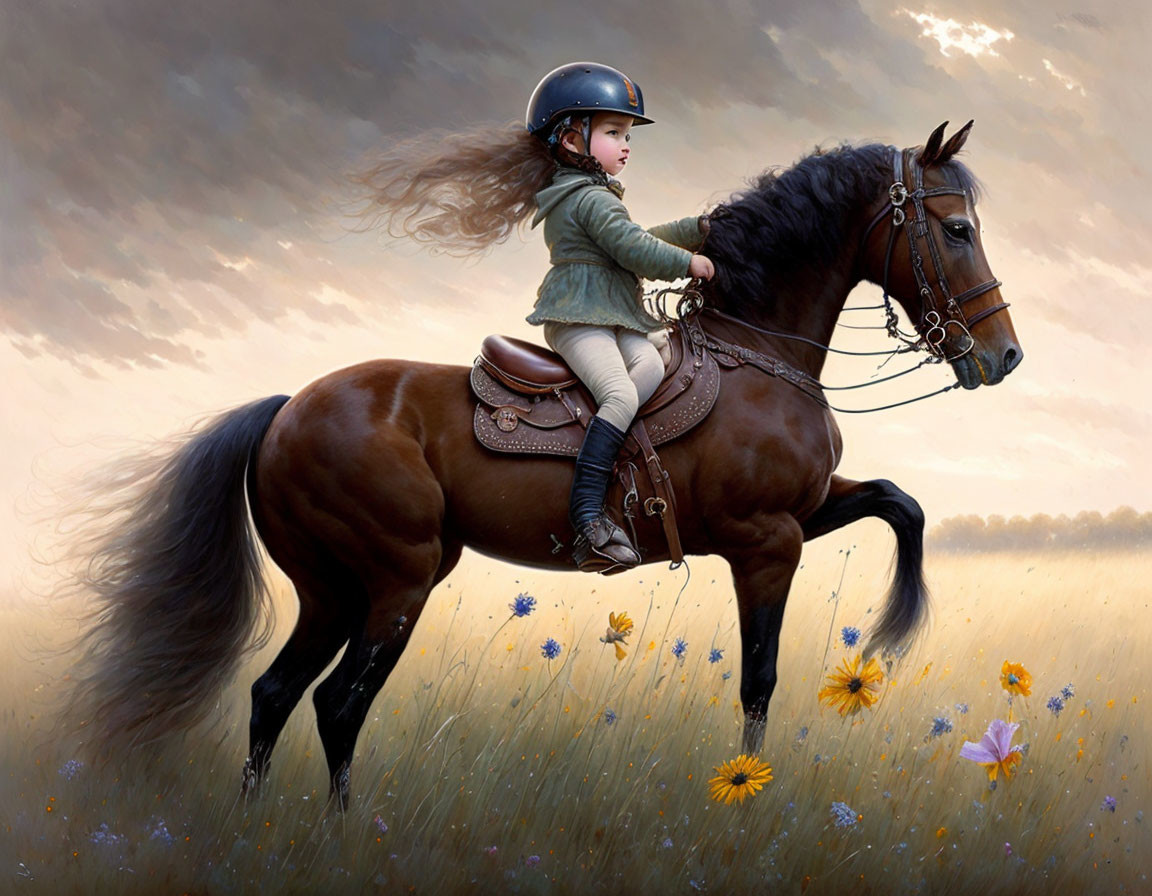 Child Riding Galloping Horse in Flower Field