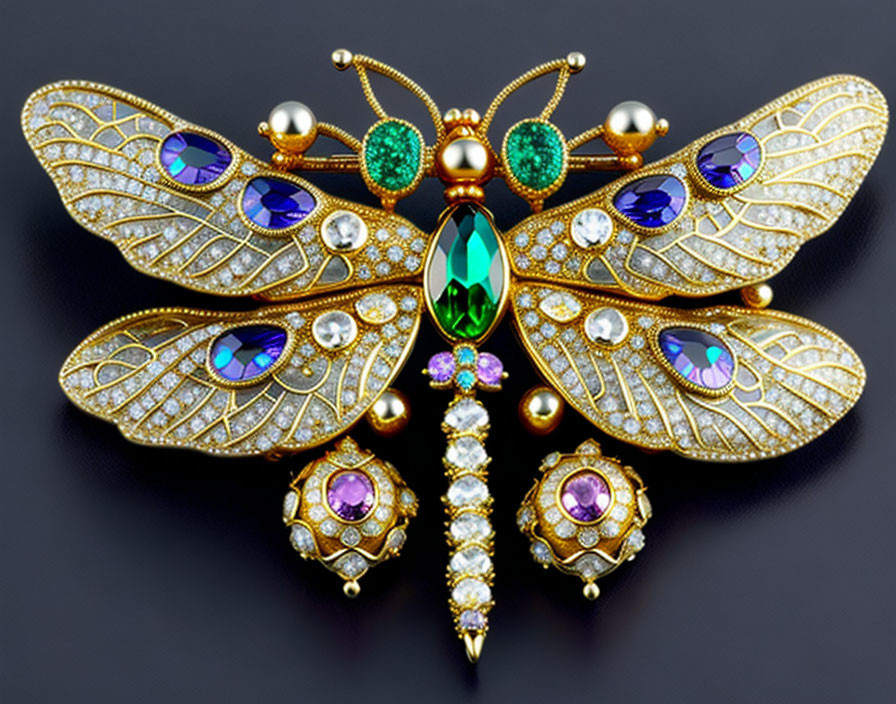 Intricate butterfly brooch with sapphire, emerald, amethyst, and diamond details