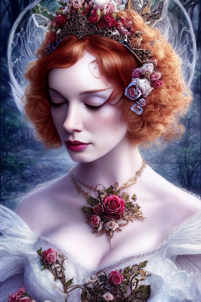 Red-haired woman in floral crown and rose dress against mystical forest.