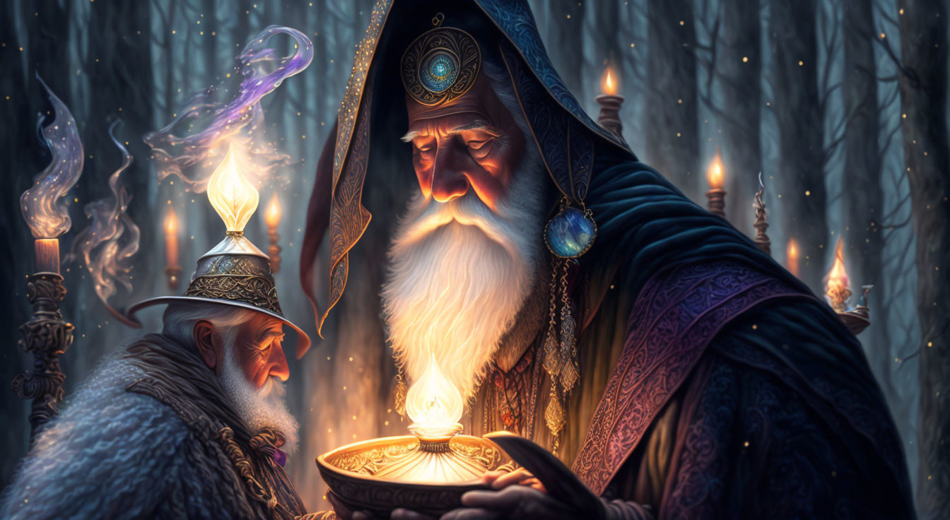 Mystical forest scene with two wizards, glowing orb, staff, candles, and smoke