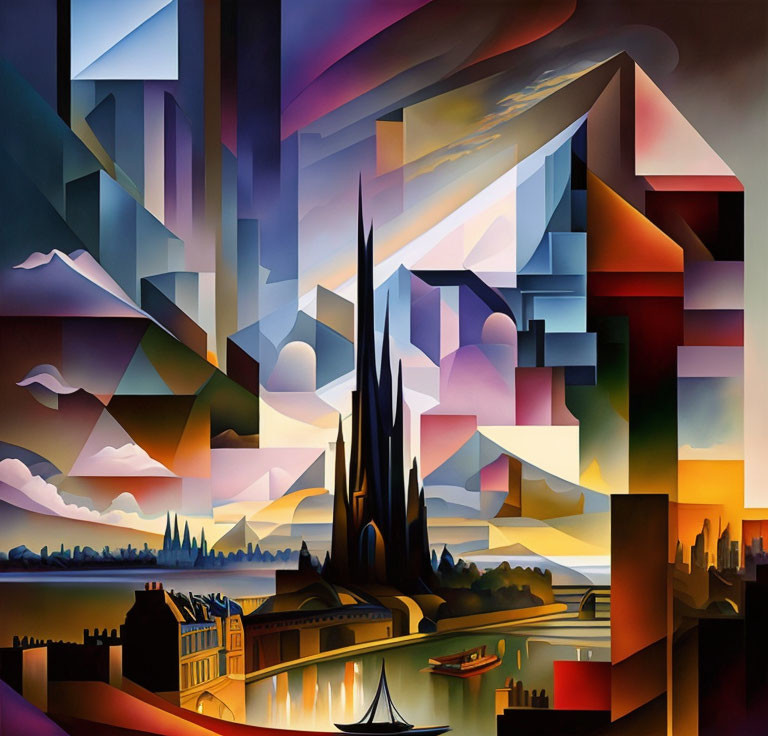 Abstract Cubist-Style Painting of Colorful Landscape with Architectural Elements