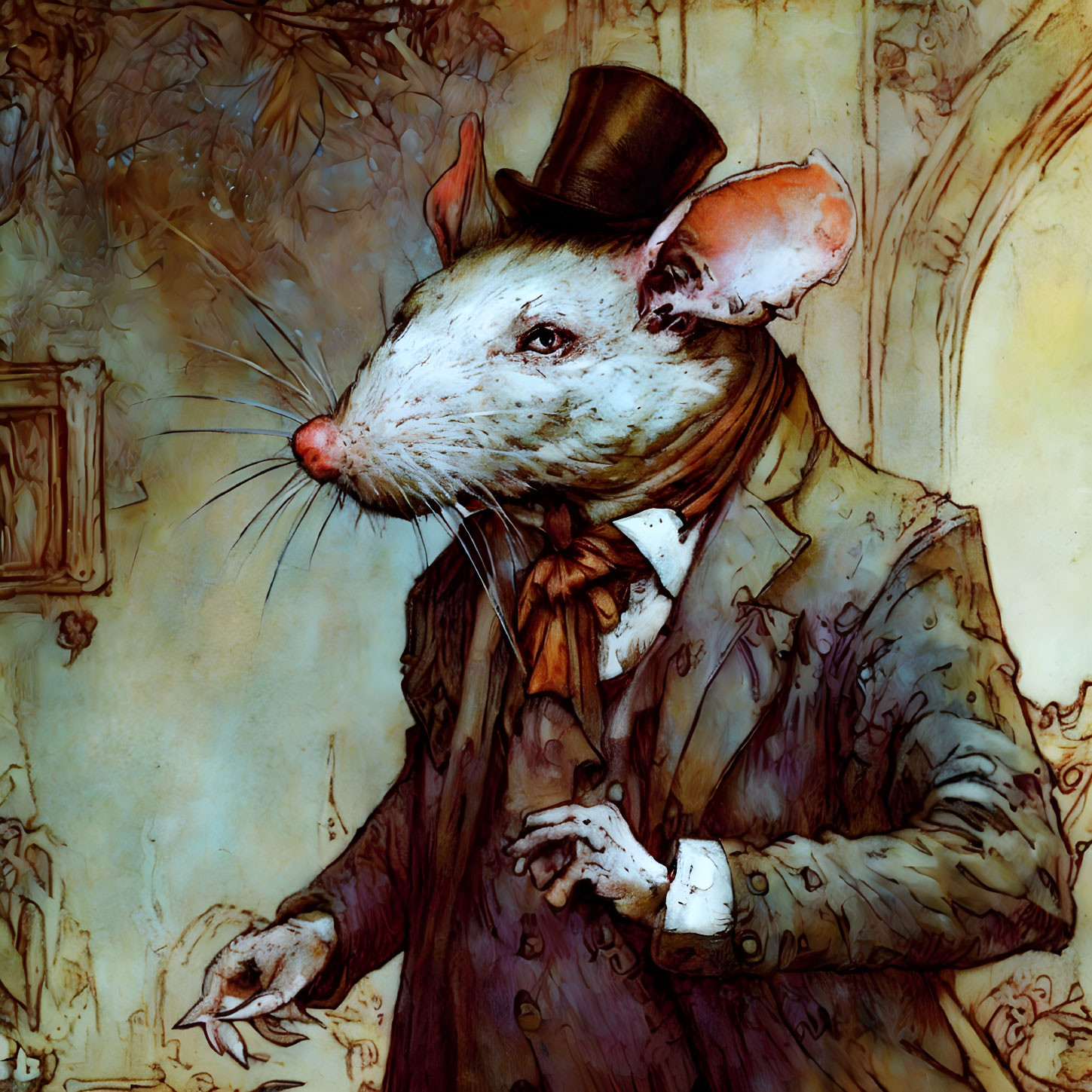 Anthropomorphic Mouse in Formal Attire with Top Hat and Suit on Vintage Backdrop