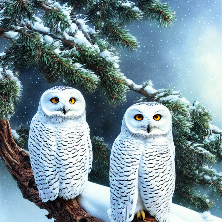 Snowy Twilight Scene: White Owls on Branch with Snow-Covered Pine Needles