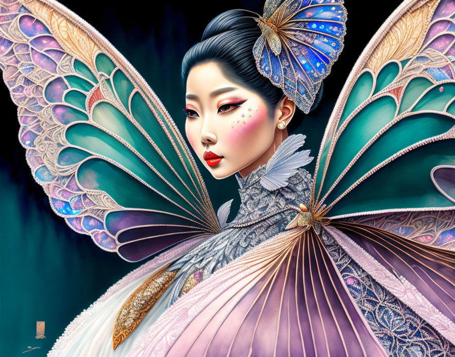 Woman with Butterfly Motif in Asian-inspired Attire and Makeup