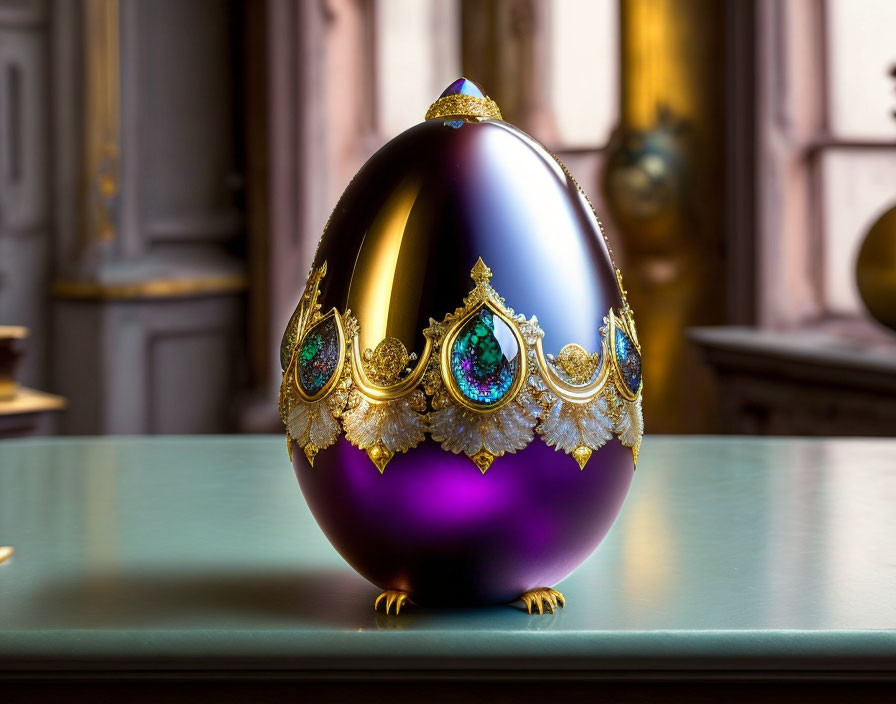 Ornate purple Fabergé egg with gold trim and gem embellishments