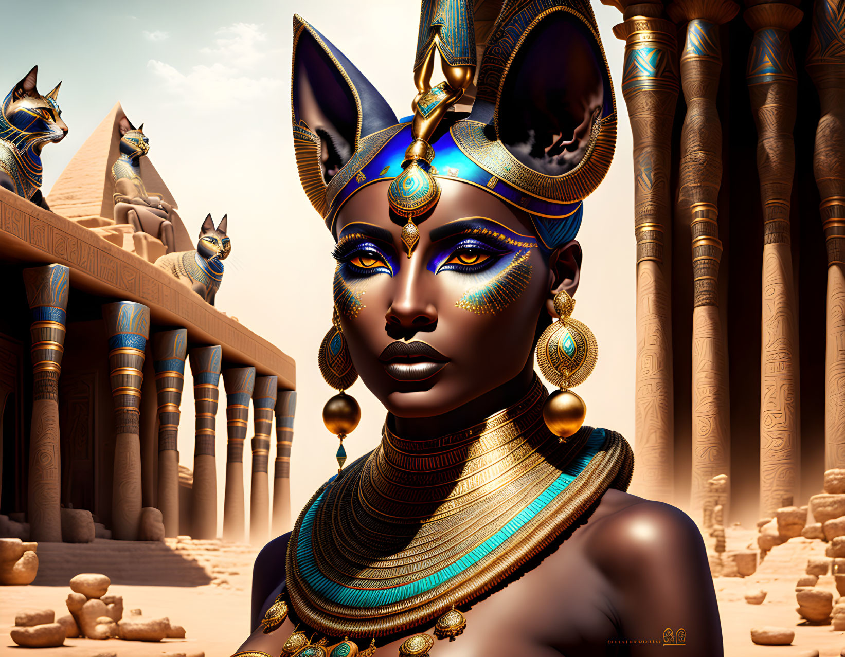 Digital art: Woman in ancient Egyptian attire with Anubis statues & temple columns.