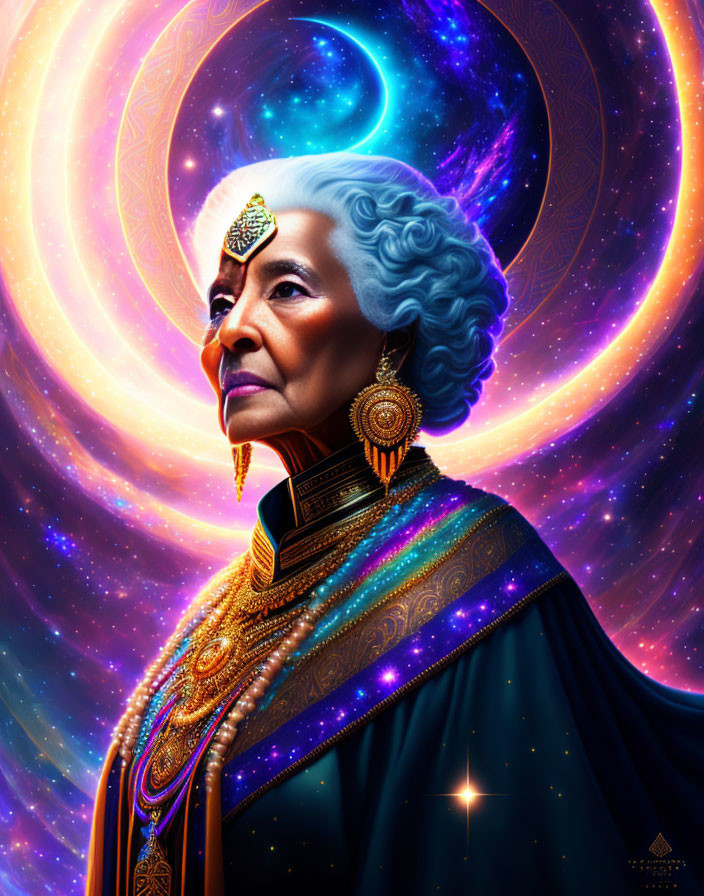 Elder Woman with Blue Hair in Cosmic Setting