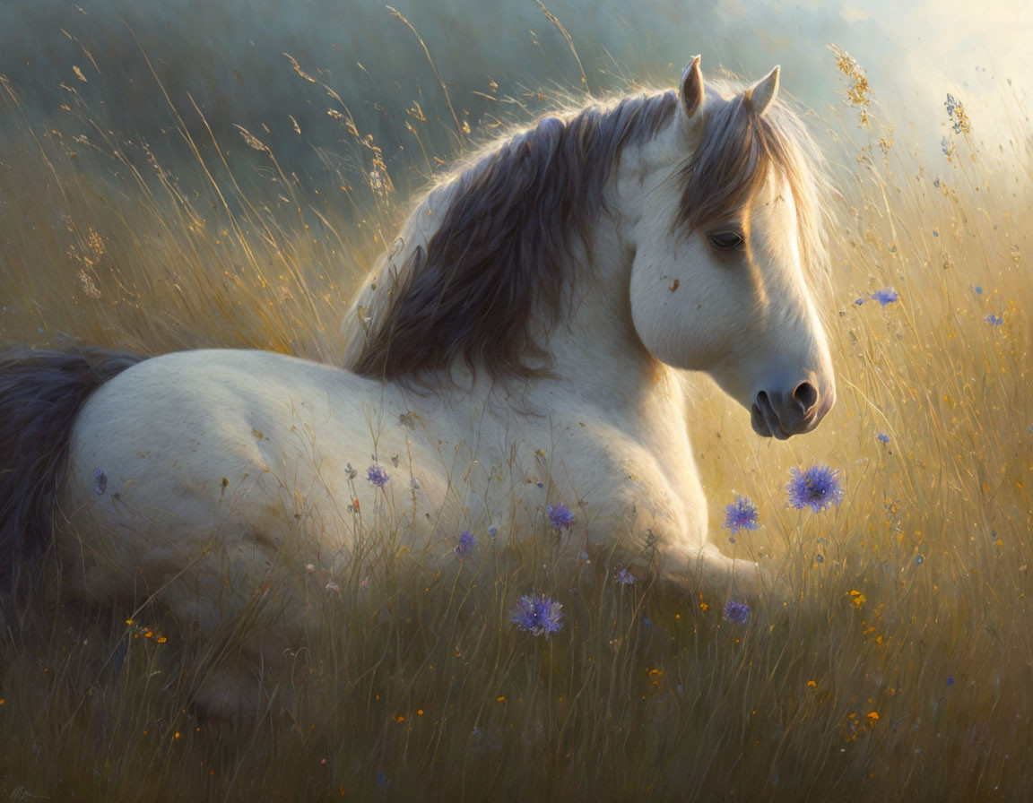 Tranquil horse with flowing mane in golden field with purple flowers