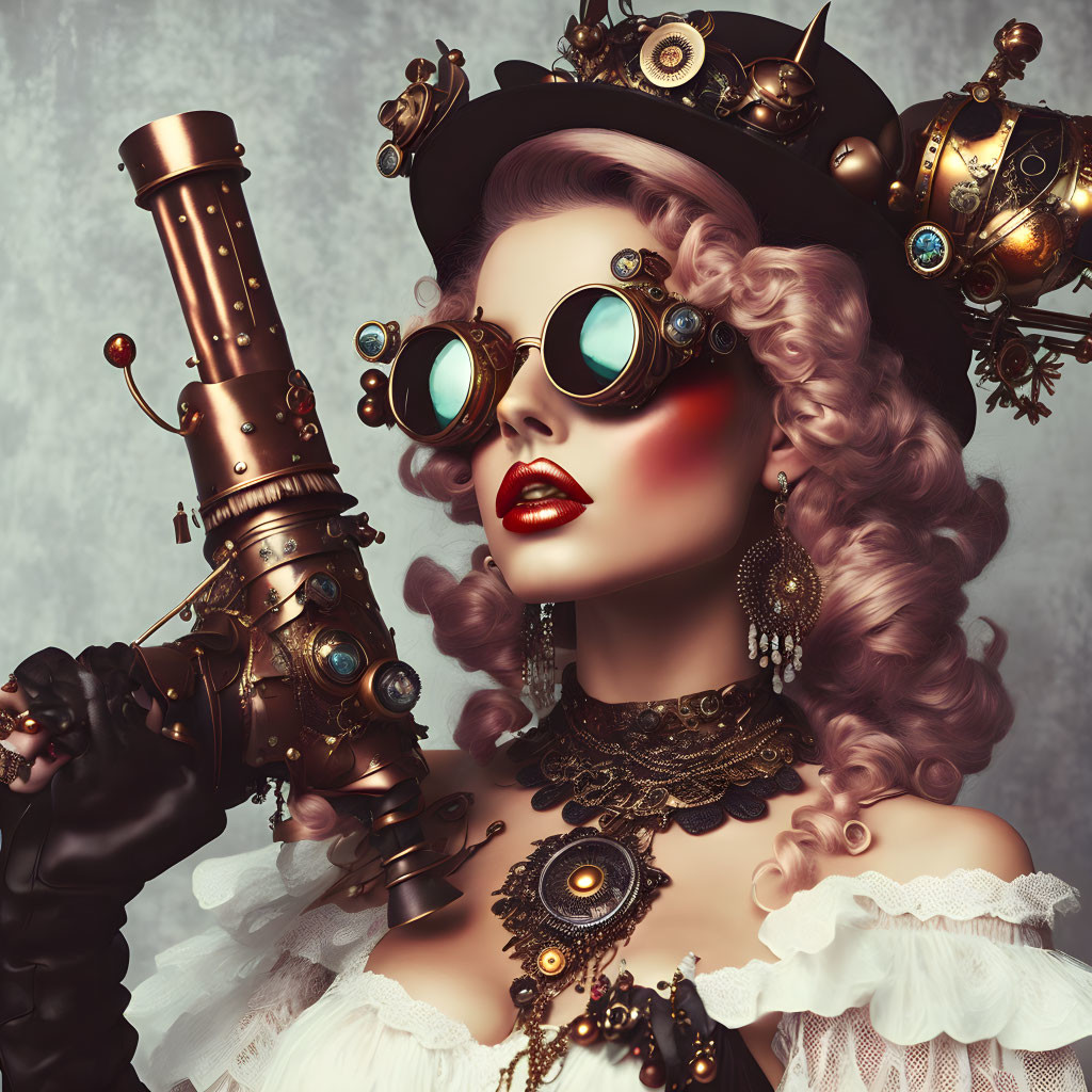 Steampunk woman with ornate goggles and top hat in Victorian attire