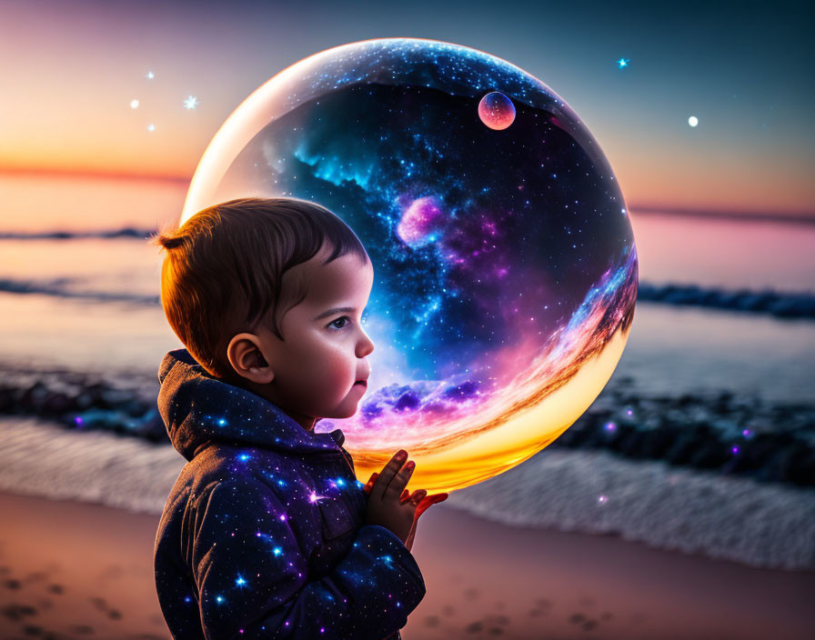 Child mesmerized by fantastical cosmos bubble on beach at twilight