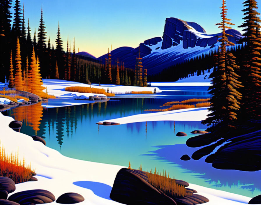 Serene landscape with blue lake, pine trees, snow, and mountains