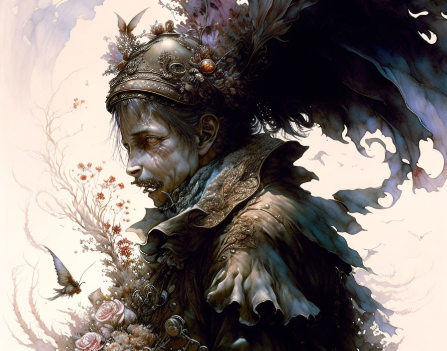 Detailed Illustration of Somber Fantasy King with Crown and Intricate Armor