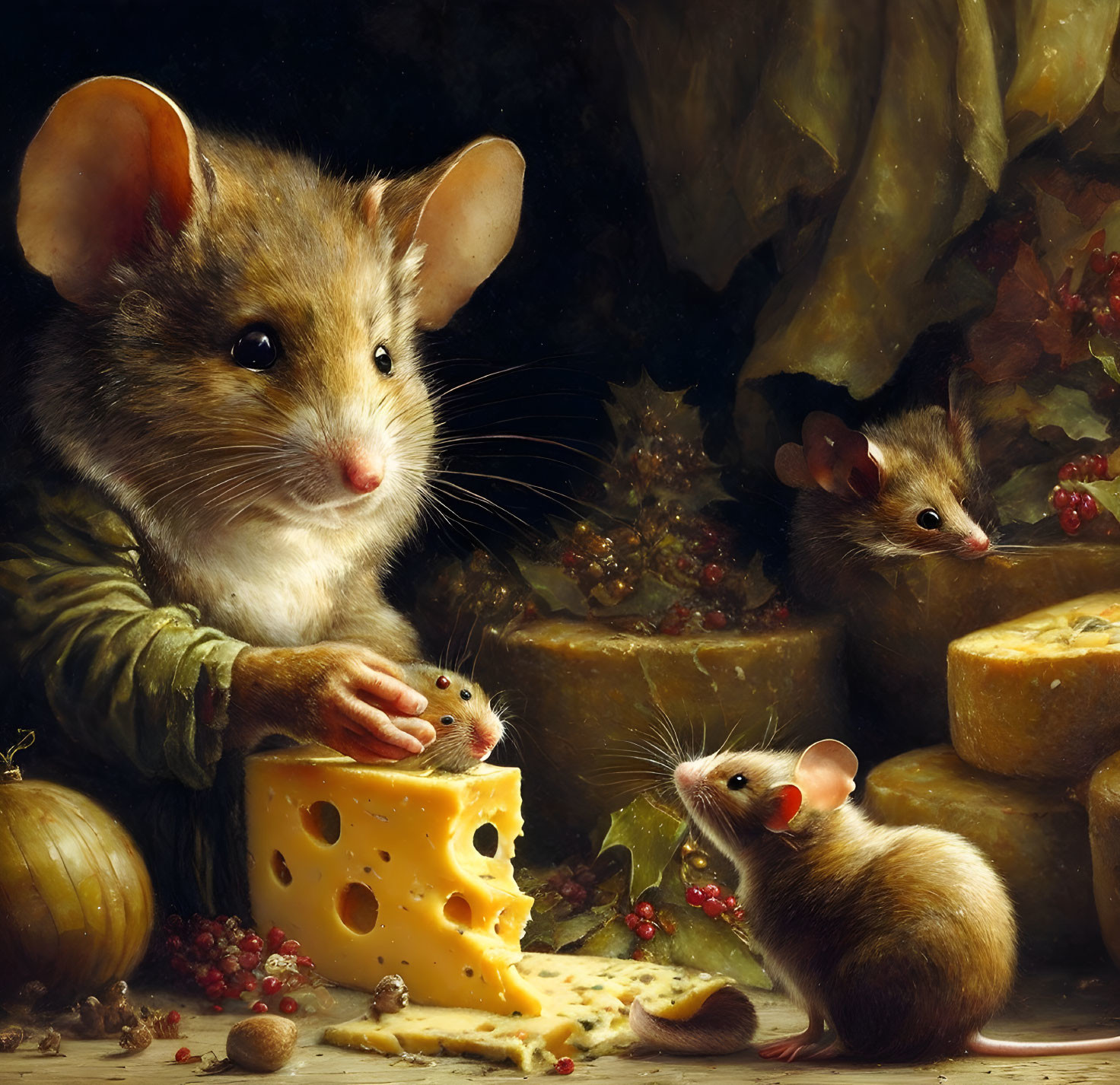 Realistic painting of three mice with cheeses, fruits, and nuts