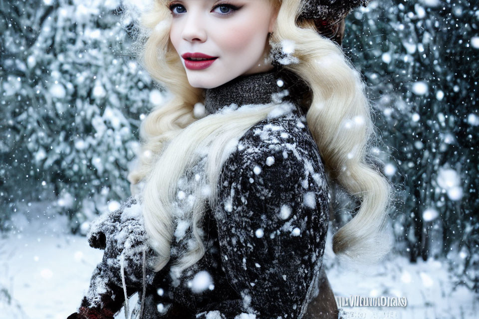 Blonde woman in winter coat with earmuffs in snowy scene