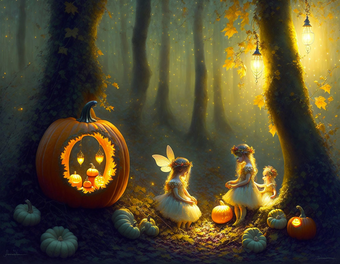 Whimsical duck-like creatures by pumpkin in enchanted autumn forest