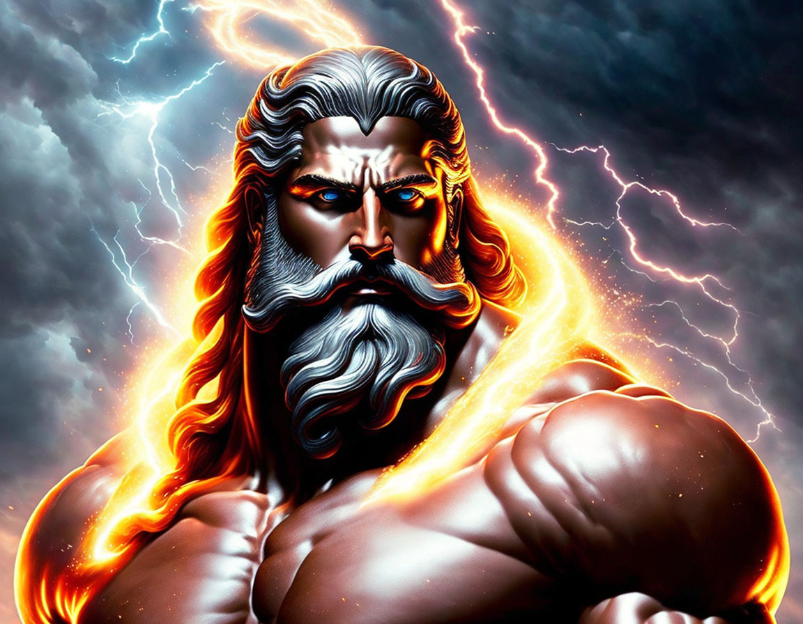 Muscular, Bearded Man with Lightning Background Illustration