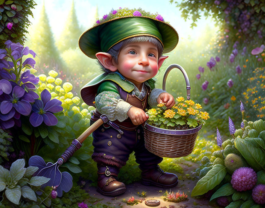 Elf with green hat holding yellow flowers in enchanted forest