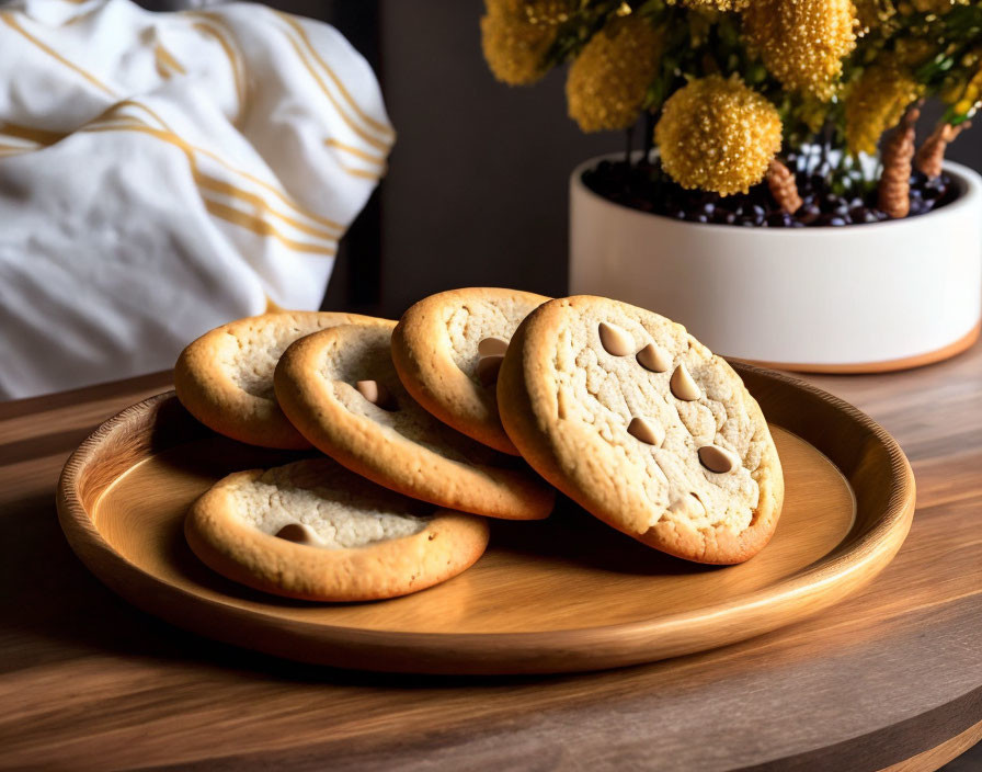 Freshly baked chocolate chip cookies on a wooden plate next to a potted plant.