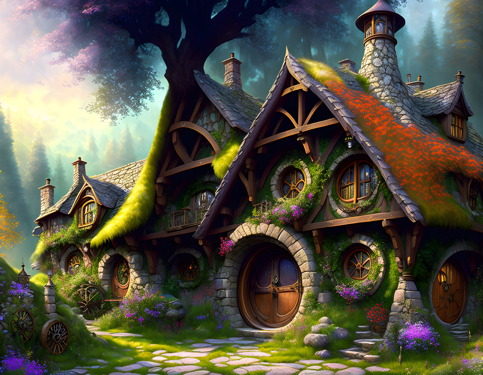 Fantasy Cottage in Forest Clearing with Moss-Covered Roofs