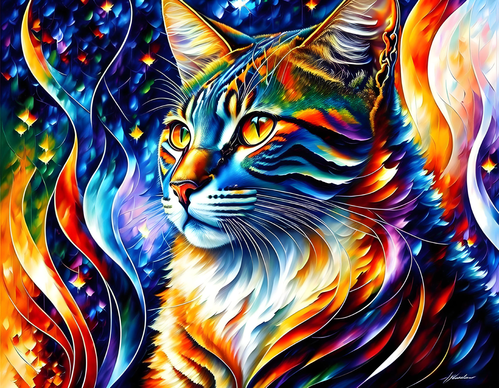 Colorful Abstract Cat Painting with Fiery Hues