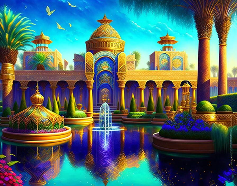 Fantasy palace with golden domes, gardens, fountains, twilight sky, and reflective waters