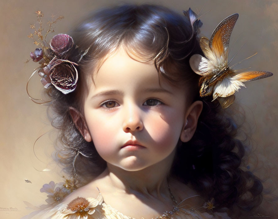 Young girl with flowers and butterfly in hair, serene portrait with soft lighting