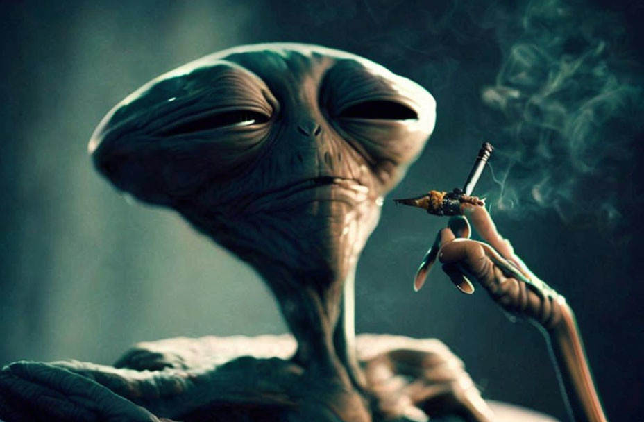 Slender-necked alien with large eyes holding a smoking cigarette