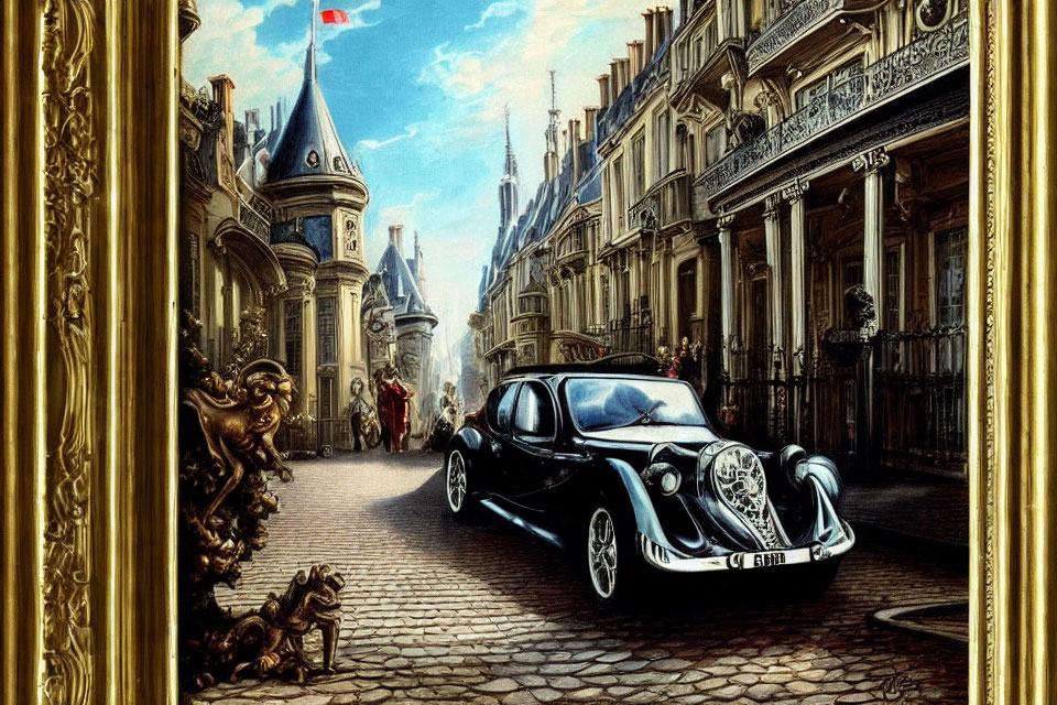 Vintage Car on Cobblestone Street in Historical European Setting