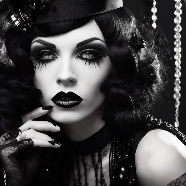 Monochromatic portrait of woman with dramatic makeup and vintage hairstyle exuding gothic elegance