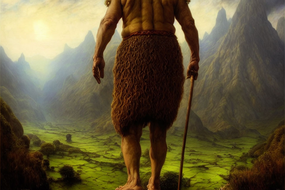 Giant with staff in green rocky landscape